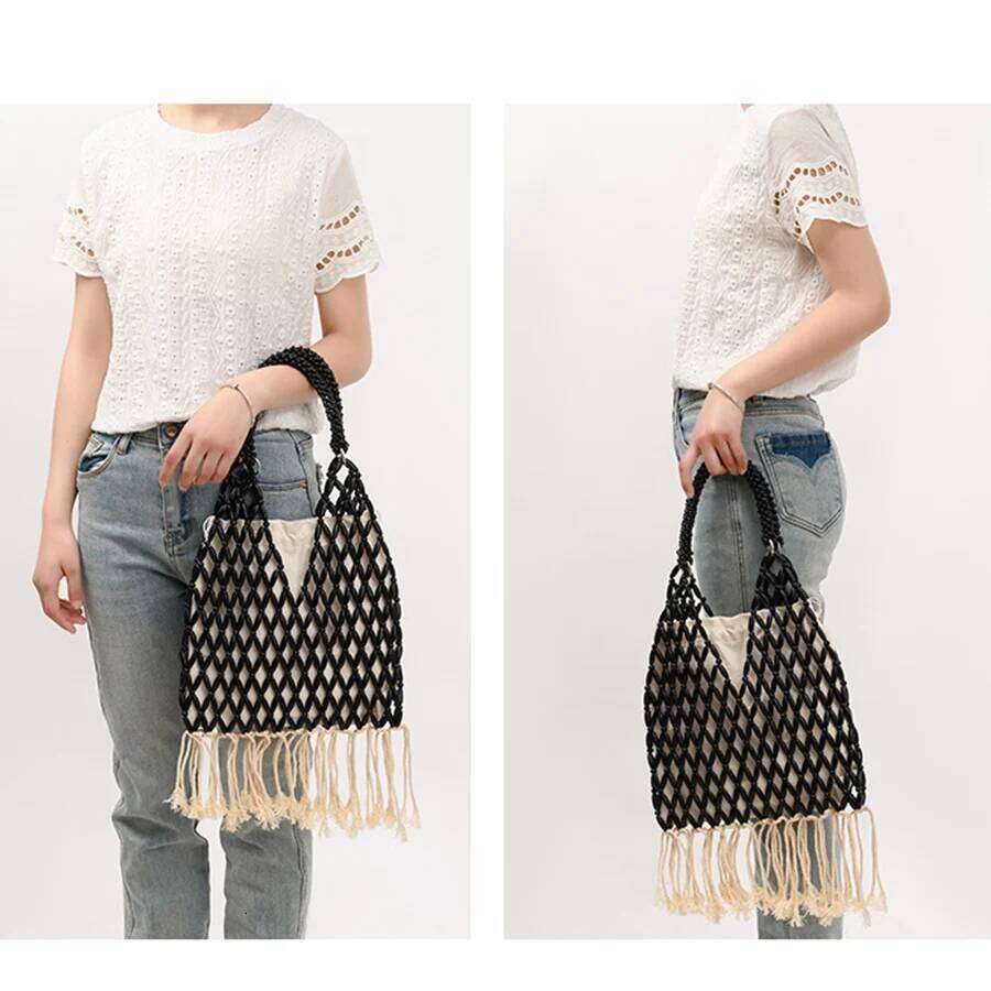 Summer Braided Bead Purse Handbags Solid Color Hollow-Out Woven Tote Female Travel Fringe Beach Reticulate Netted Canvas Clutch