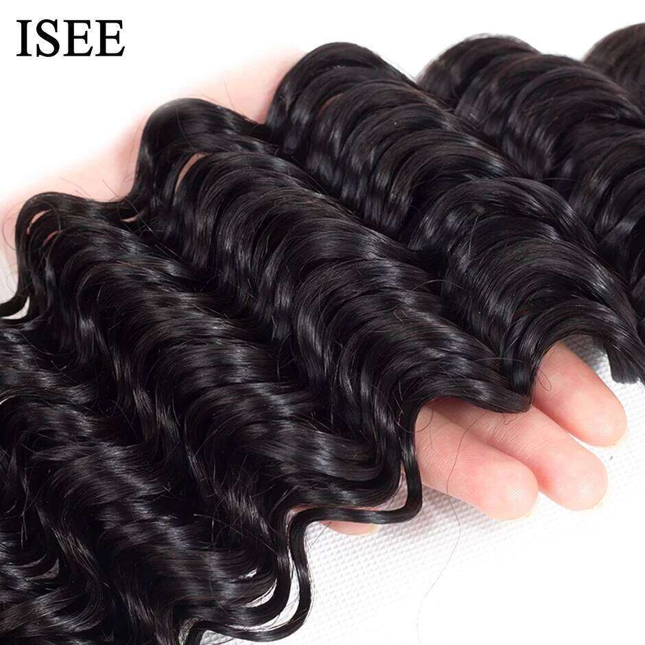 ISEE HAIR 100% Human 3/4 Extension Brazilian Deep Wave Hair Weave Bundles