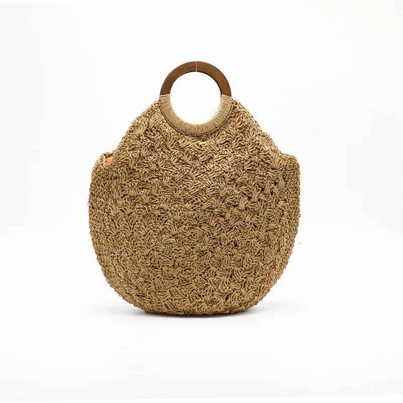 New 2024 Women's Woven Wooden Handle Straw Shoulder Bags Round Large-Capacity Beach Travel Handbag Crossbody Bag