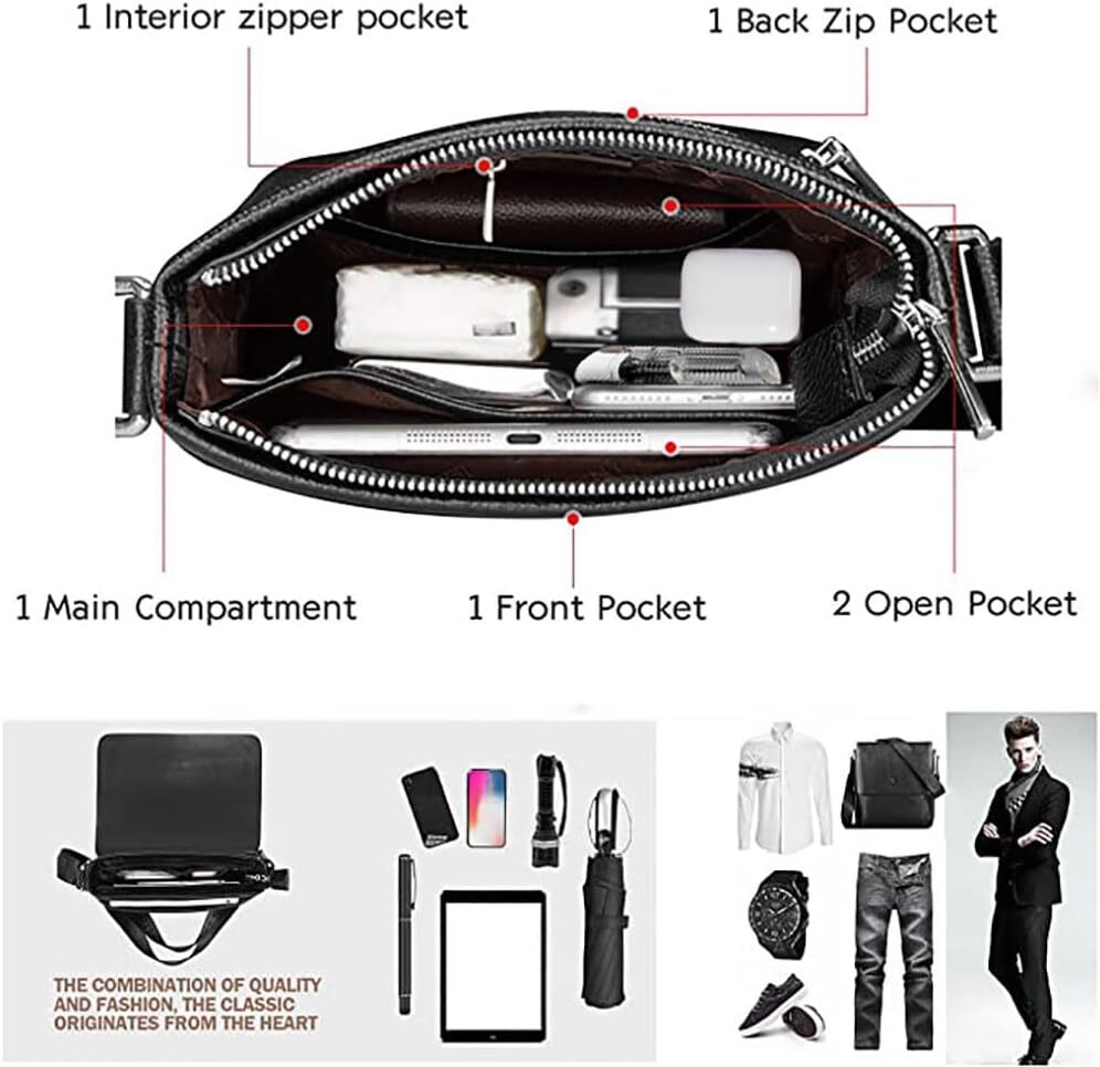Men's Crossbody Bag, Vegan Leather, Shoulder Purse Side Sling Satchel, Small Messenger for Travel Work Daily