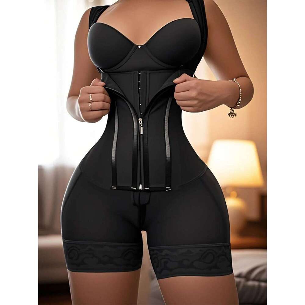 Women's Lace-Trimmed Shapewear Bodysuit - Tummy Control Corset with Adjustable Straps & Zipper, Black, Comfortable