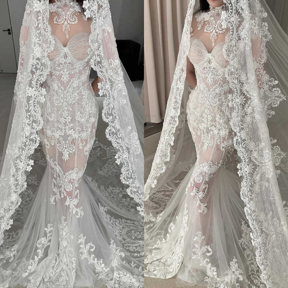 Vintage Mermaid Wedding Dresses For Women High Collar Long Sleeves Bridal Gowns Lace Sweep Train Dress Custom Made