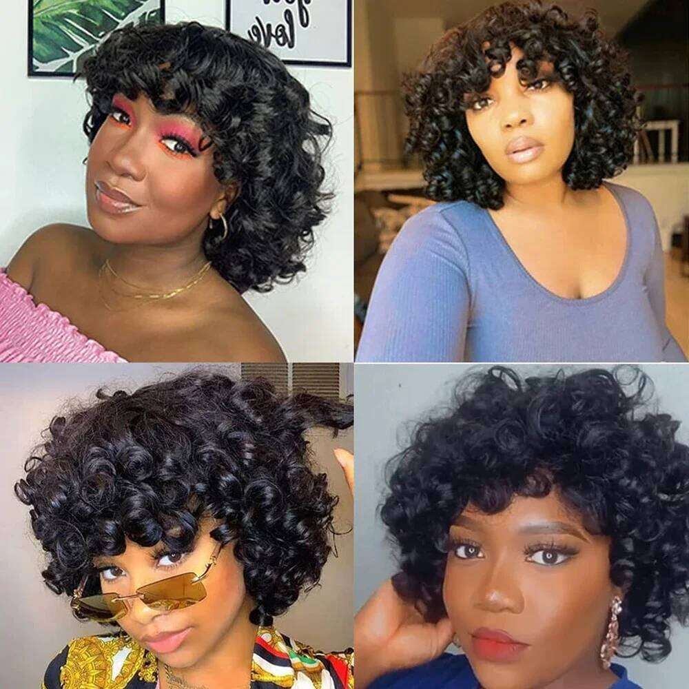 Fluffy Funmi Glueless Natural Short Bouncy Curly Bob Virgin Human Hair Wig with Bangs For Black Women
