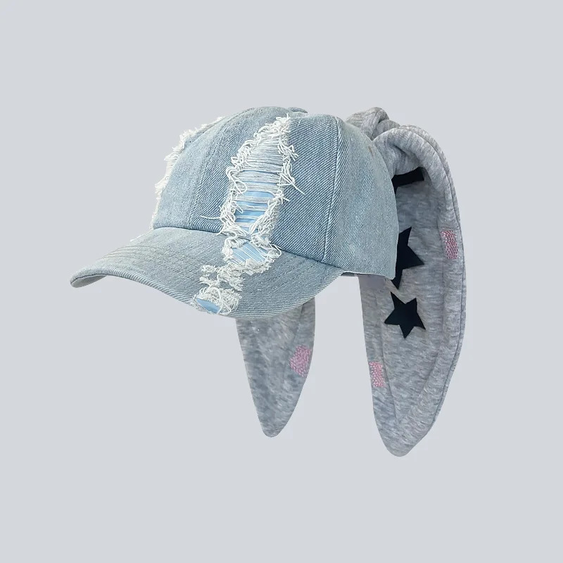 Metal Rabbit Hat Female y2k Rabbit Ears Duck Tongue Hat Cowboy Sweet Cool Girl Hip Hop Baseball Hat Trend 250606