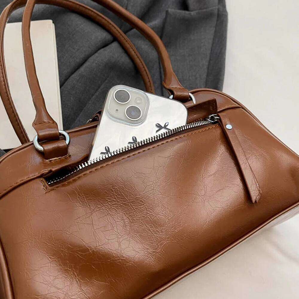 Shoulder Women Multi Pocket Retro Handbag PU Leather Zipper Solid Satchel Bag For Work Travel