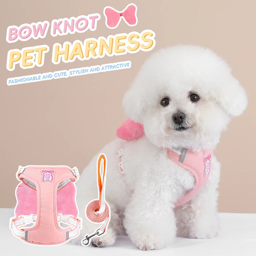 Cute Bow Dog Harness and Leash Set Summer Breathable Mesh Vest for Small DogsCats Adjustable NoPull Reflective Pet Harness 250609