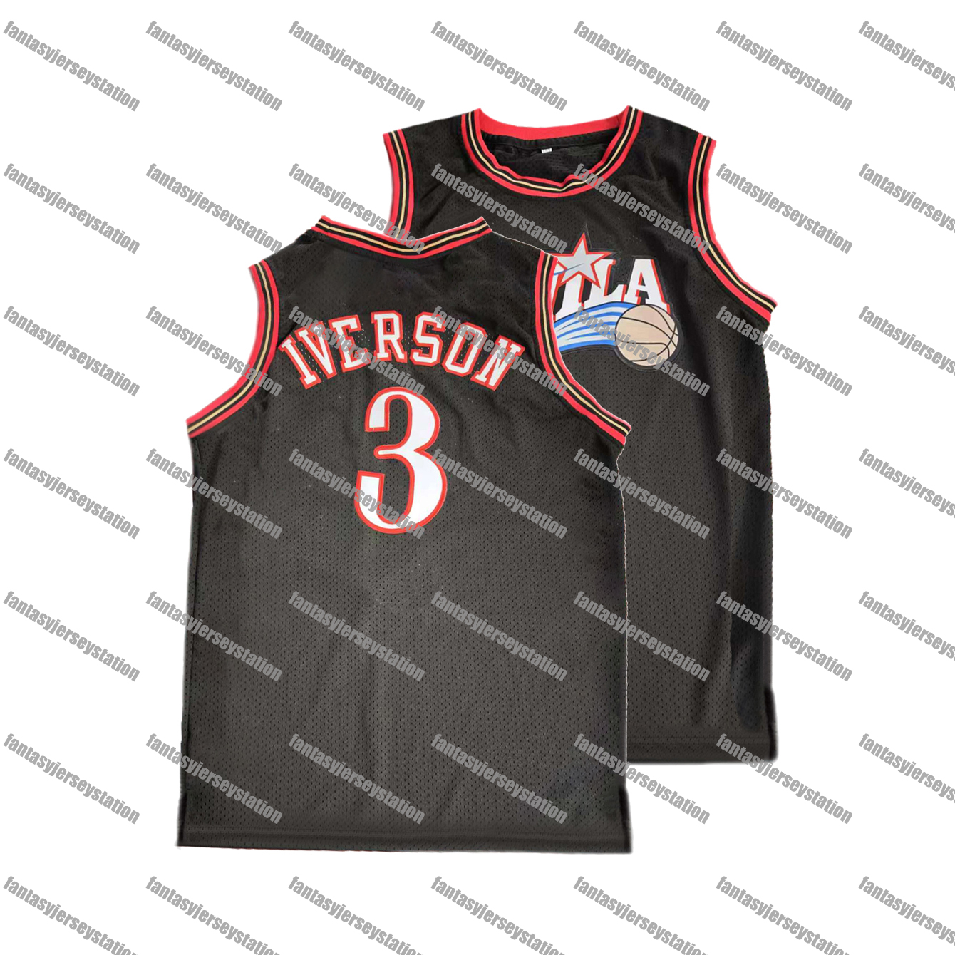 In Stock Mens 3 Black Embroidered IVERSON Basketball Jersey - Casual Wear, Breathable Polyester, Machine Washable - Perfect for Sports Outdoor Activities, Sizes S-XXXL