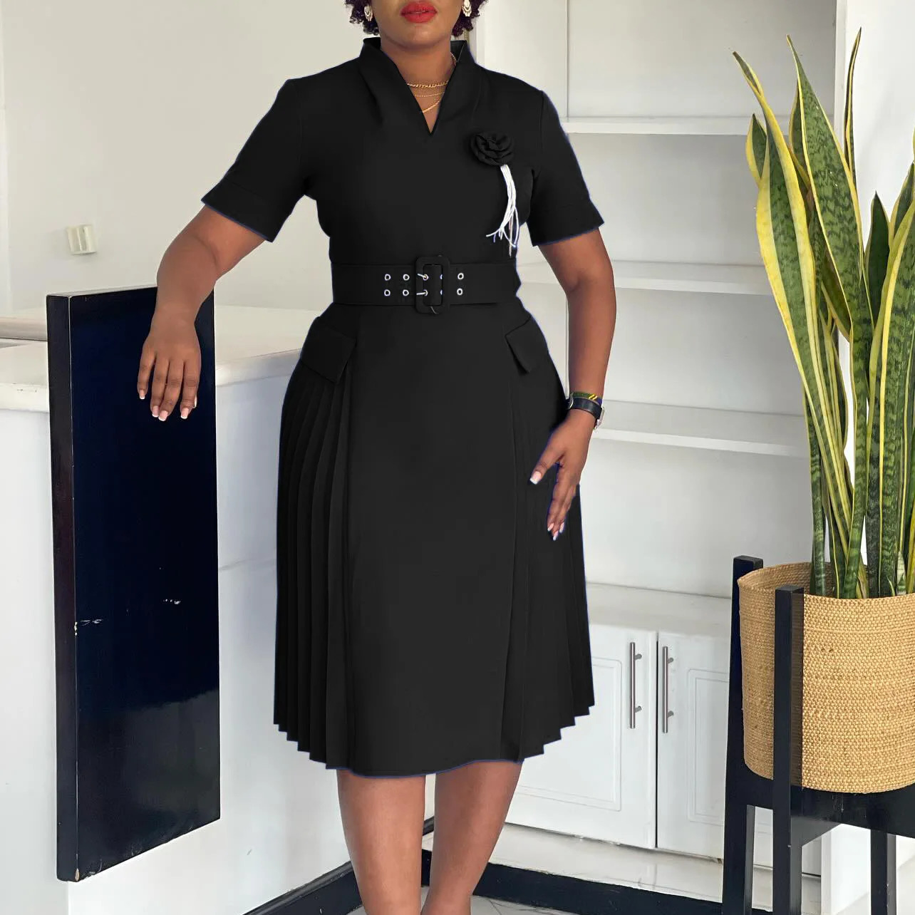 AOMEI Women Elegant Dresses V Neck Short Sleeves Pleated Waist Belt 3D Flowers Classy Church Business Party Female African 250603