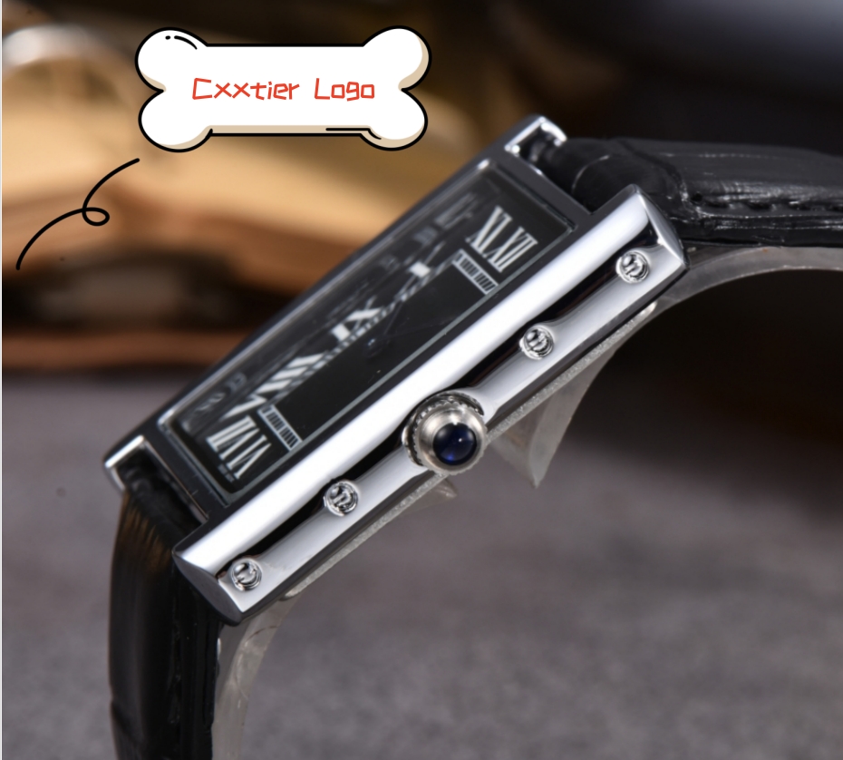 New Top Luxury Mens Square Tank Watches Quartz Chronograph Swiss Mens Wristwatch Iced Out Hip Hop Cow Leather Strap Sport Men Watch Ip Plating Case Quality Gifts