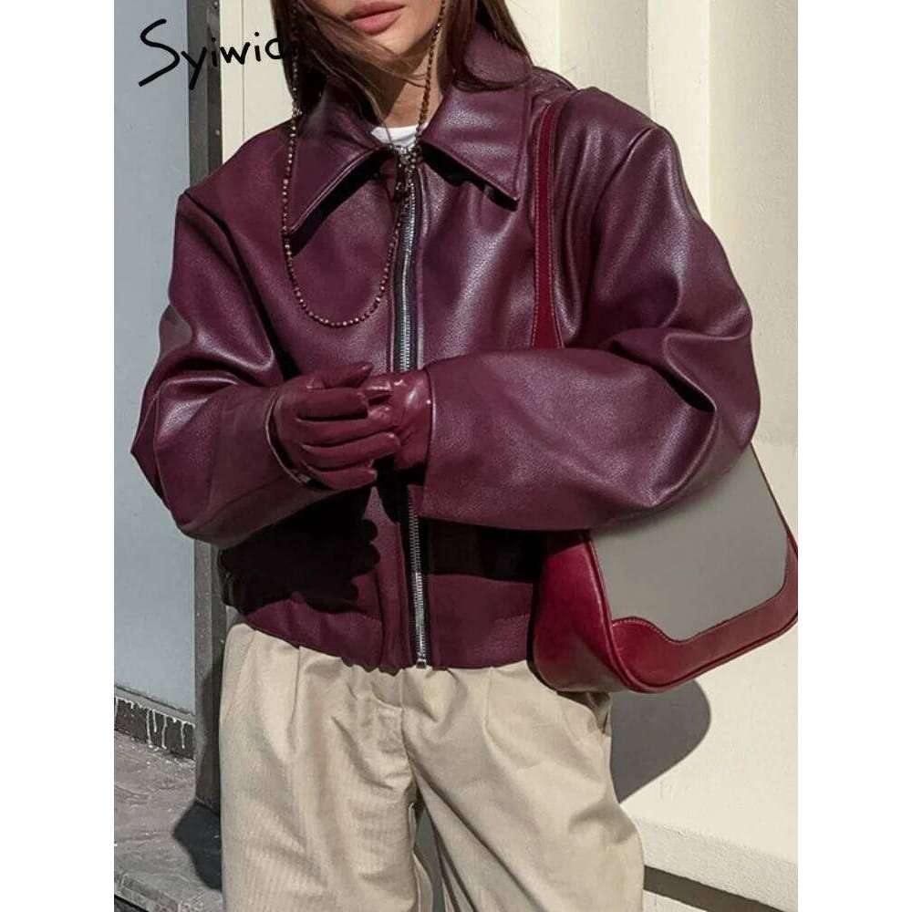 Syiwidii Faux Leather Jackets Women's Fashion Lapel Zipper Long Sleeve Outerwear 2025 New Chic Vintage High Street Ladies Coats