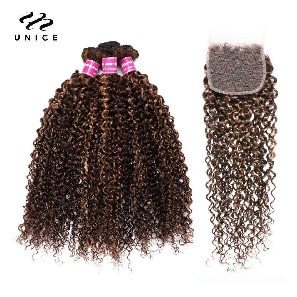 UNice Highlight Blonde Curly 2/3/4 100% Human Hair Lace Closure With Bundles Sew In Quick Weaves