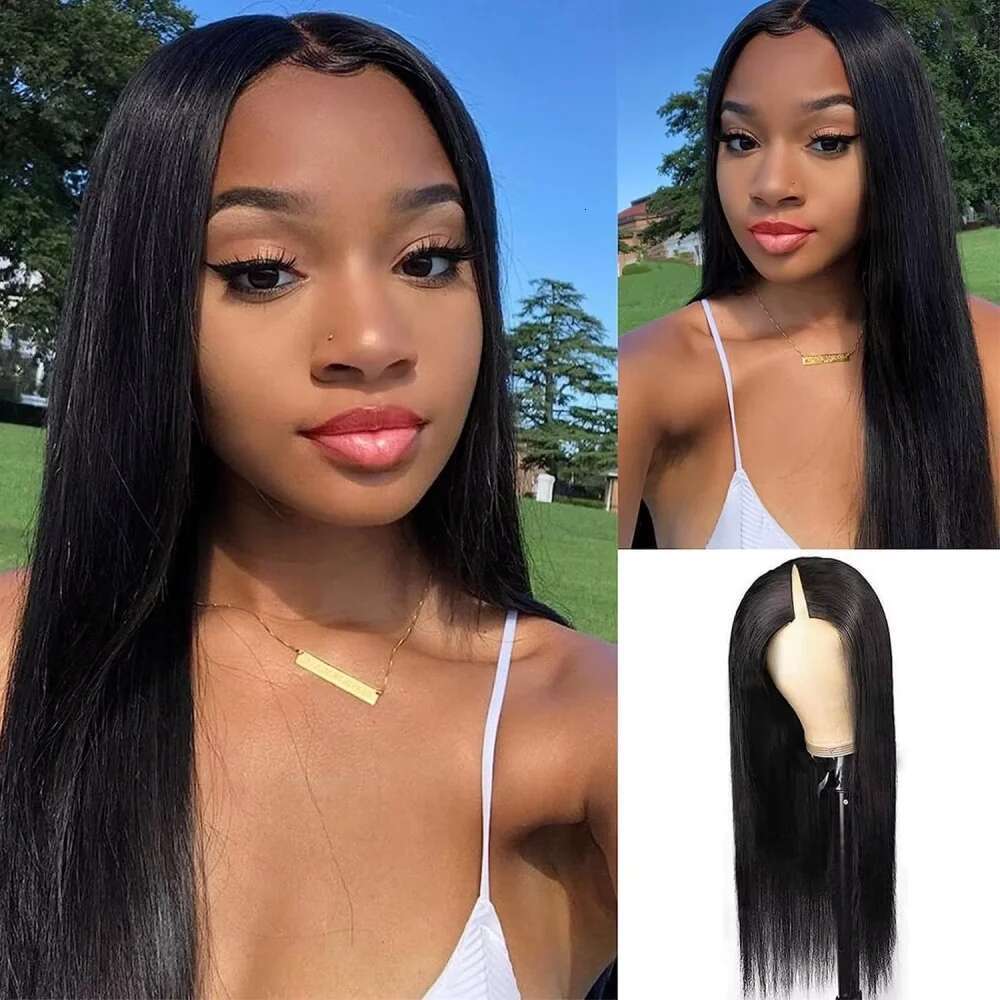 32 Inch V Part Human Hair Straight Natural Color Brazilian 200 Density Glueless Full hine Made U Shape Black Women Wig