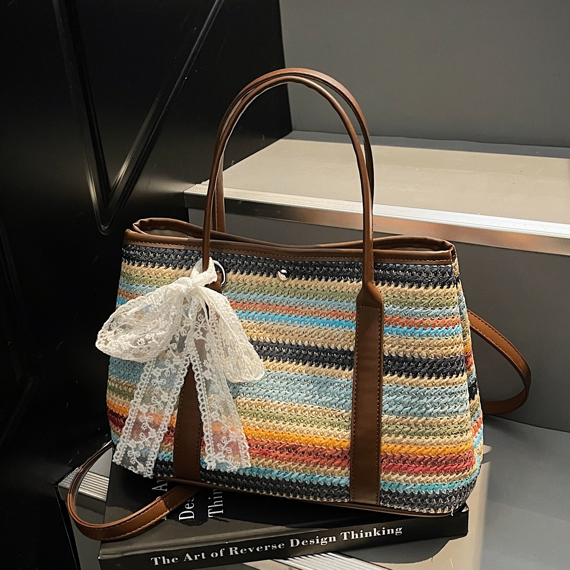 designer Large Capacity Rainbow Straw Woven Bag for Women 2025 New Summer Fashion Commuter Shoulder Bag Handheld Mother and Child Tote Bag