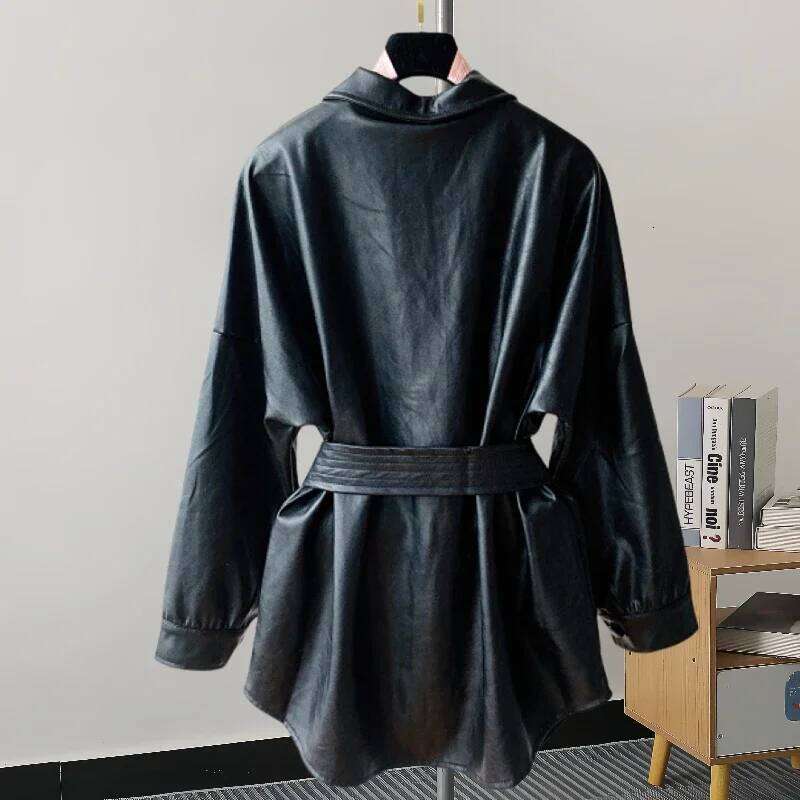 New Mid Women Faux PU With Belt Black Wine Red Casual Lapel Single-breasted Long Sleeve Fake Leather Jacket