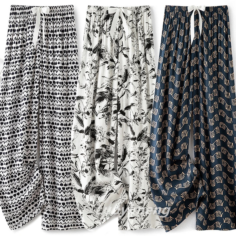 Women Casual Autumn Wide Leg Floral Beach Trousers High Waist Boho Ethnic Style Calf Pants Four Season Girls Home Clothes Z260314