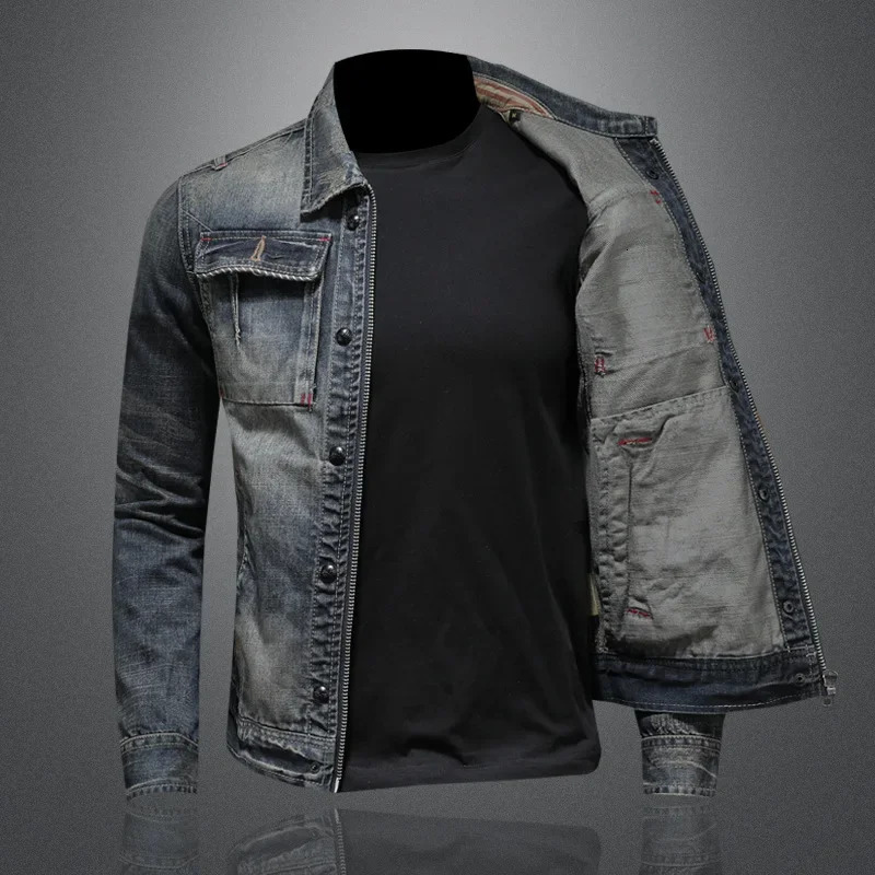 Spring and Autumn Denim Jacket Men Boutique Zipper Fashion Turn Down Collar Mens Clothes Casual Slim Cowboy Coat 250530