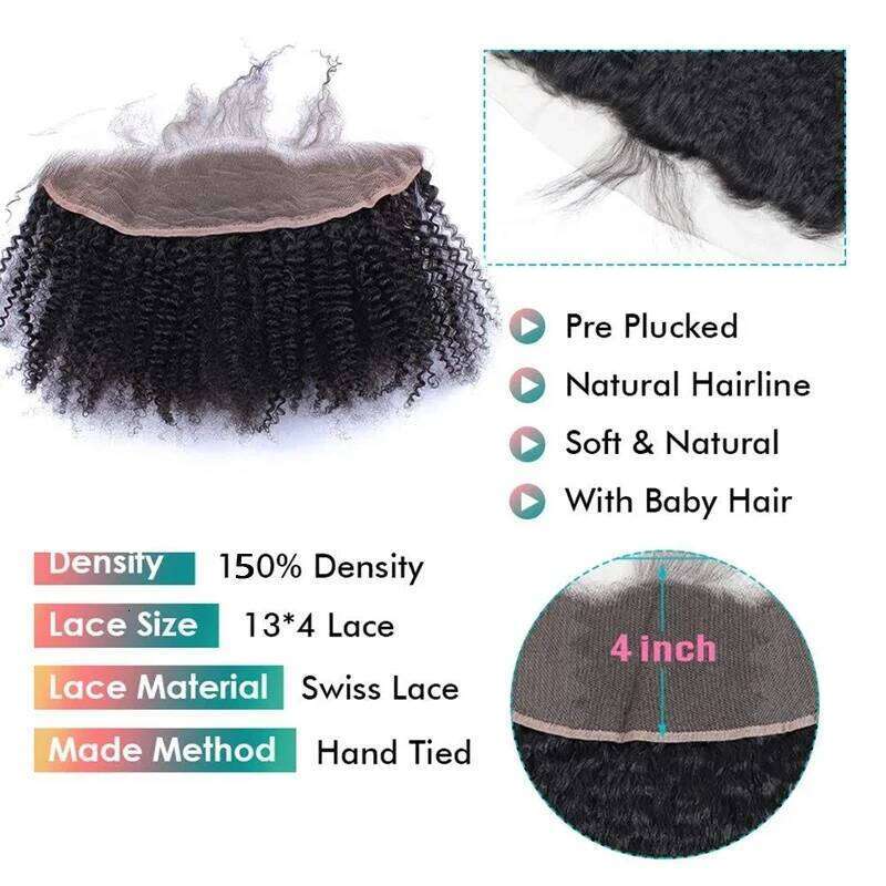 2/3PC Mongolian Afro Kinky Curly Human Hair Bundles With 13x4 Transparent Lace Frontal 12A Virgin Double Weft Extension 100g/PC