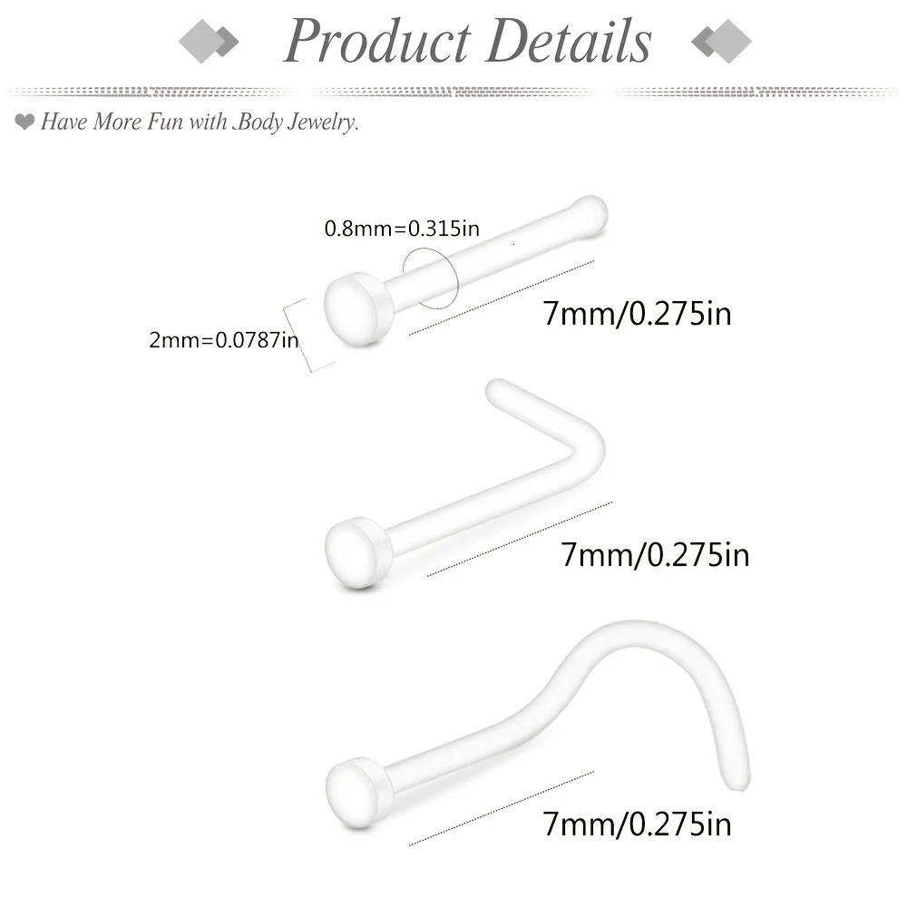 5Pcs48Pcs Clear Nose Ring Bioflex Stud Retainer Eyebrow Navel Piercing Body Jewelry Acrylic For Men and Women 250606
