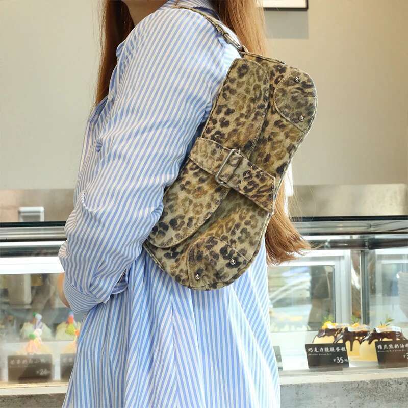 Leopard /Cow Pattern Canvas Shoulder Bag,Animal Print Women Underarm Tote Bag,French Asymmetric Clutch Bag,Lady Vintage Handbag