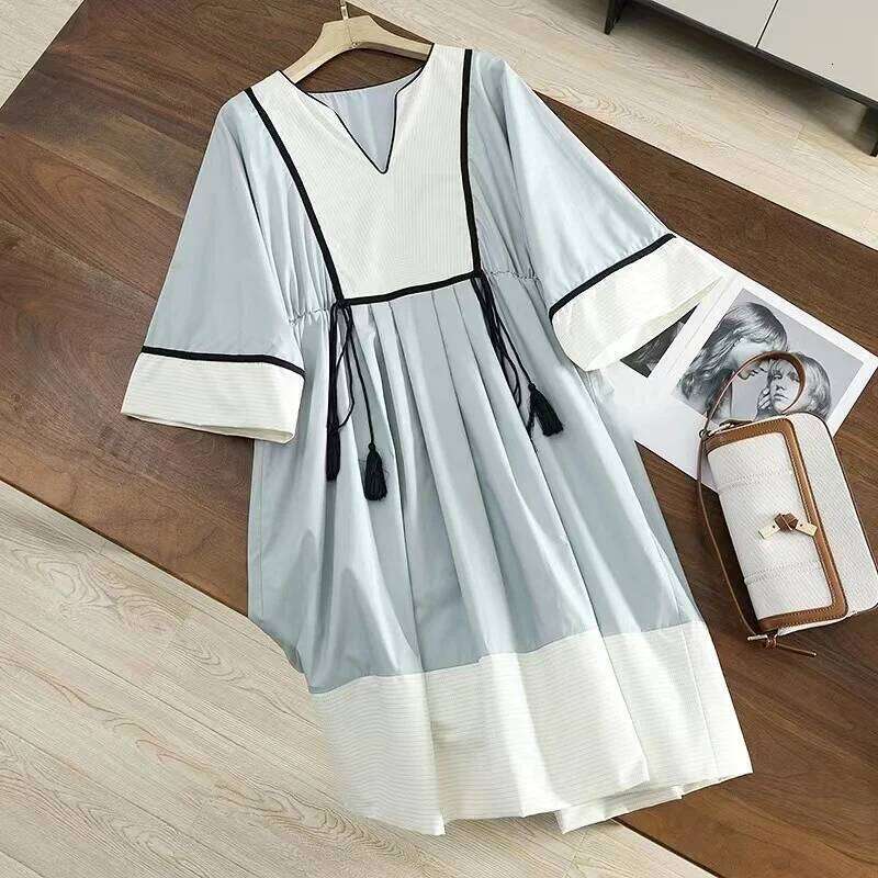 Bohemian Patchwork Dress Mid Length Shirt Skirt Ethnic Style Loose V-Neck Seaside Vacation Early Spring