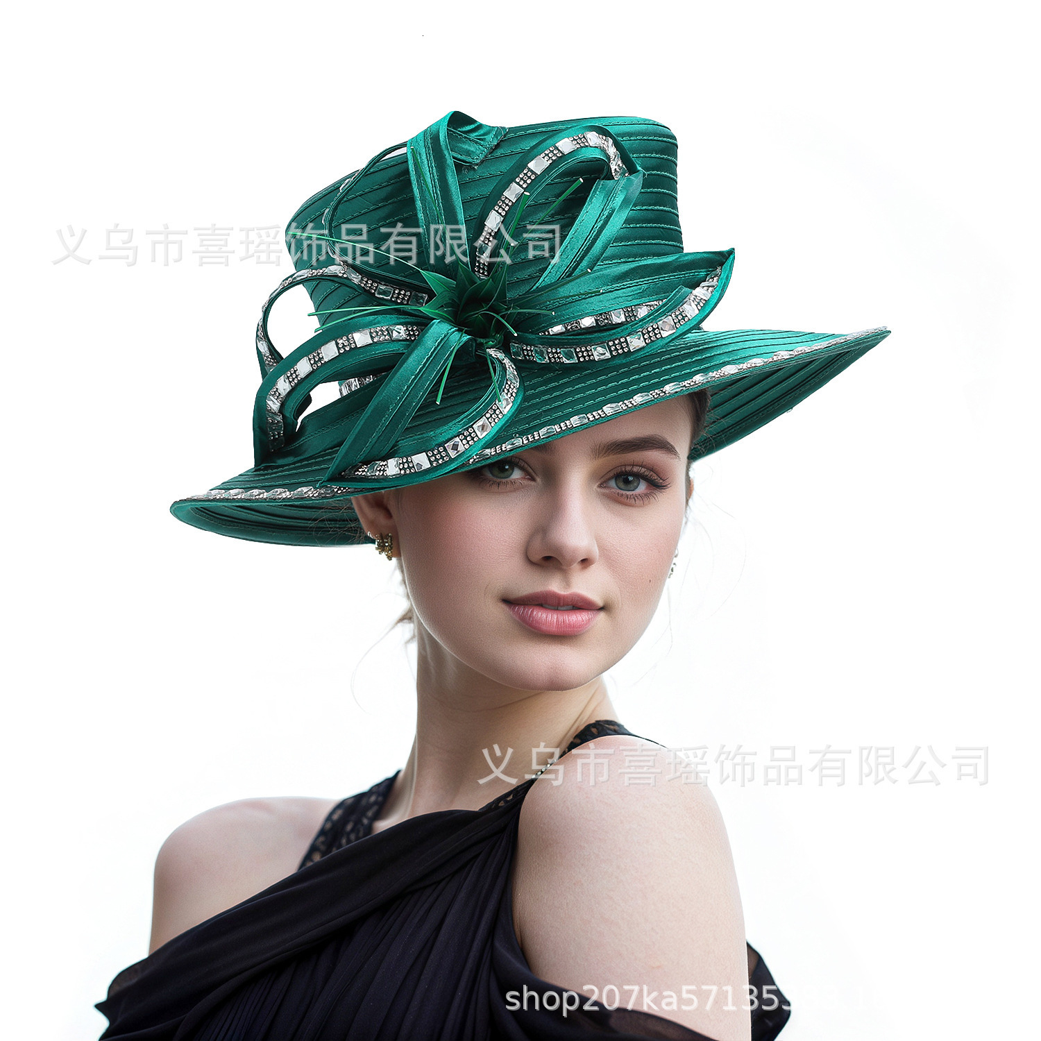 French Style Socialite Fabric Hat for Women Summer Sun Protection Hat with Rhinestones and Feathers Fabric Sun Hat 250410