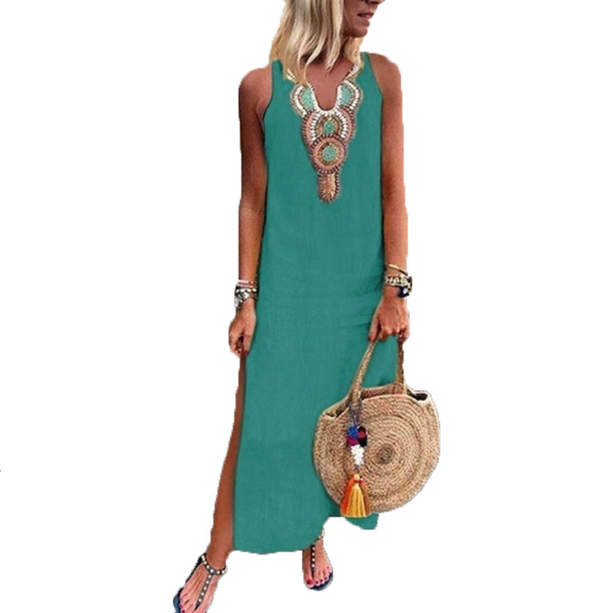 2022 Summer Loose Cotton Hemp Bohemian Sexy Sleeveless Deep V-Neck Embroidery Dress Women