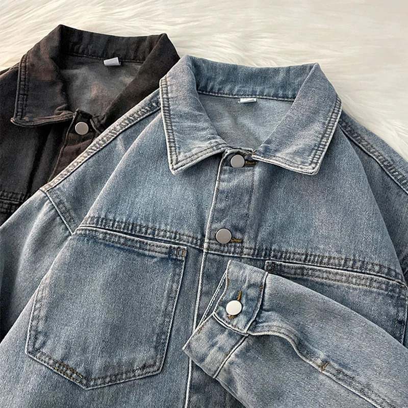 American High Street Fashion Solid Denim Jacket Men Spring Autumn Korean Blue Loose Tops Retro Long Sleeve Lapel Coat 250530