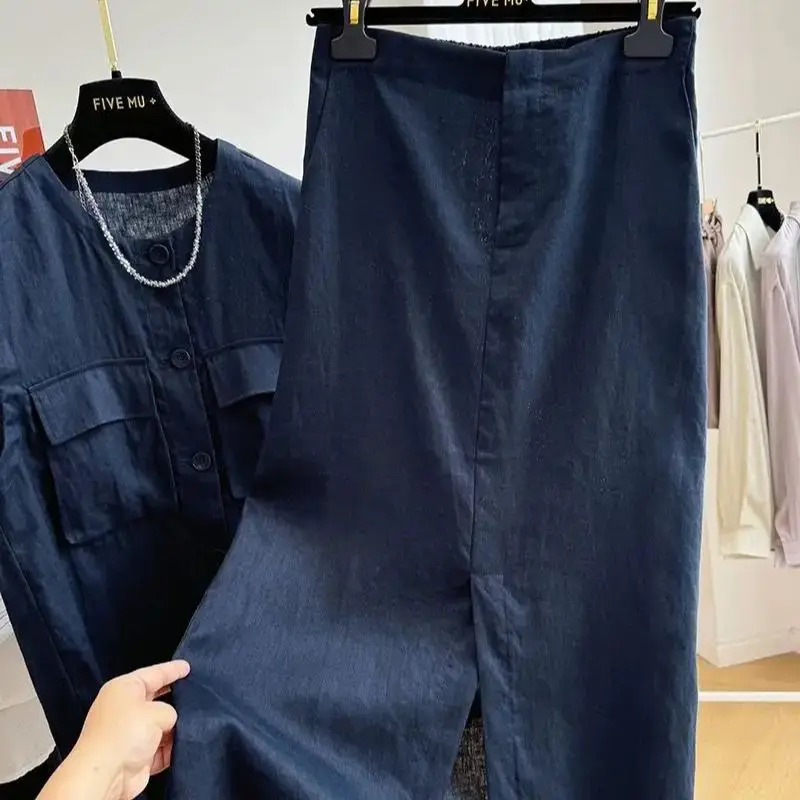 Limiguyue Summer Linen Set Fashion Pockets Sleeveless Vest Top Sense Split Midi Half Skirt Women 2 Piece Sets Casual 756P 250606