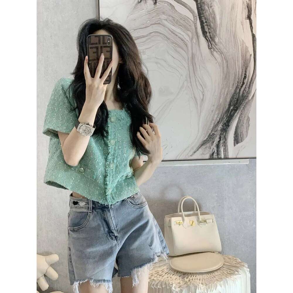 Vintage Fragrant Short Sleeve Jacket Women's Spring/Summer New Versatile Fashion Tweed Greent Coat