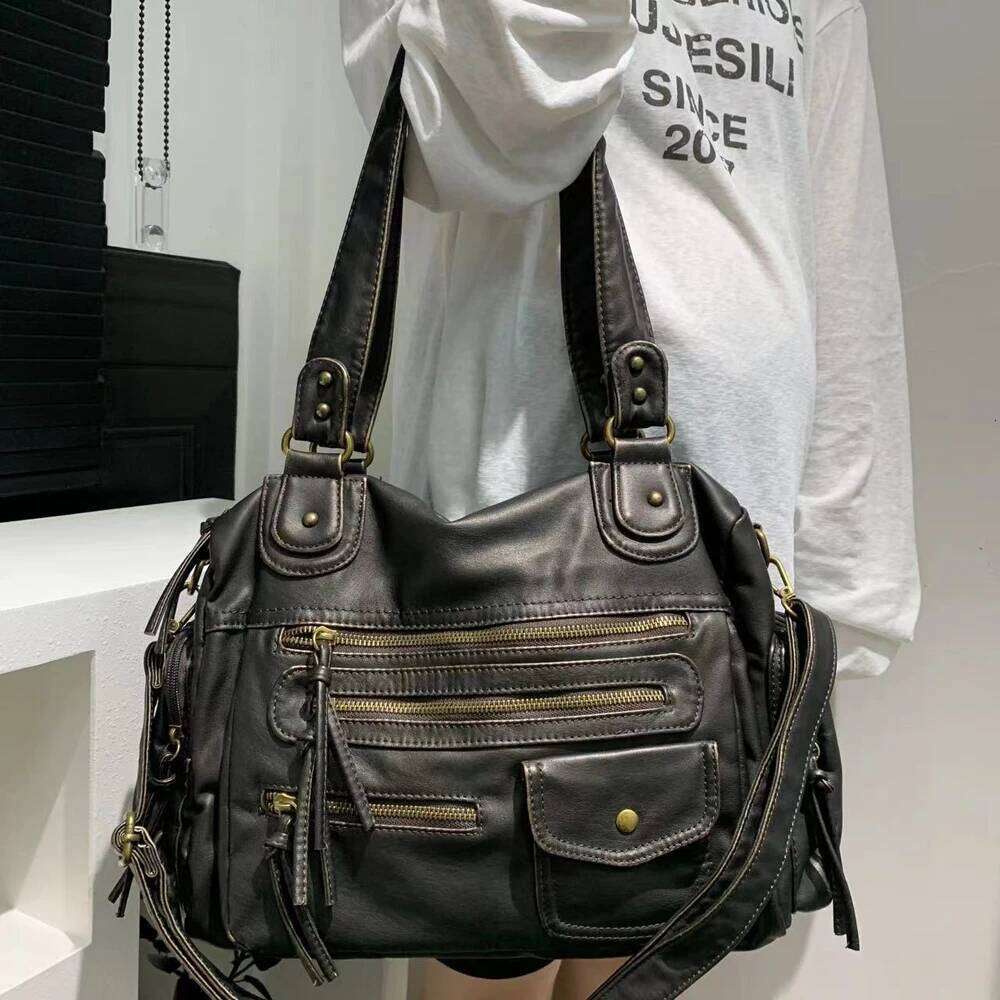 Annmouler Large Capacity Handbag PU Leather Shoulder Y2k Soft Motorcycle Retro Tote Bag For Women