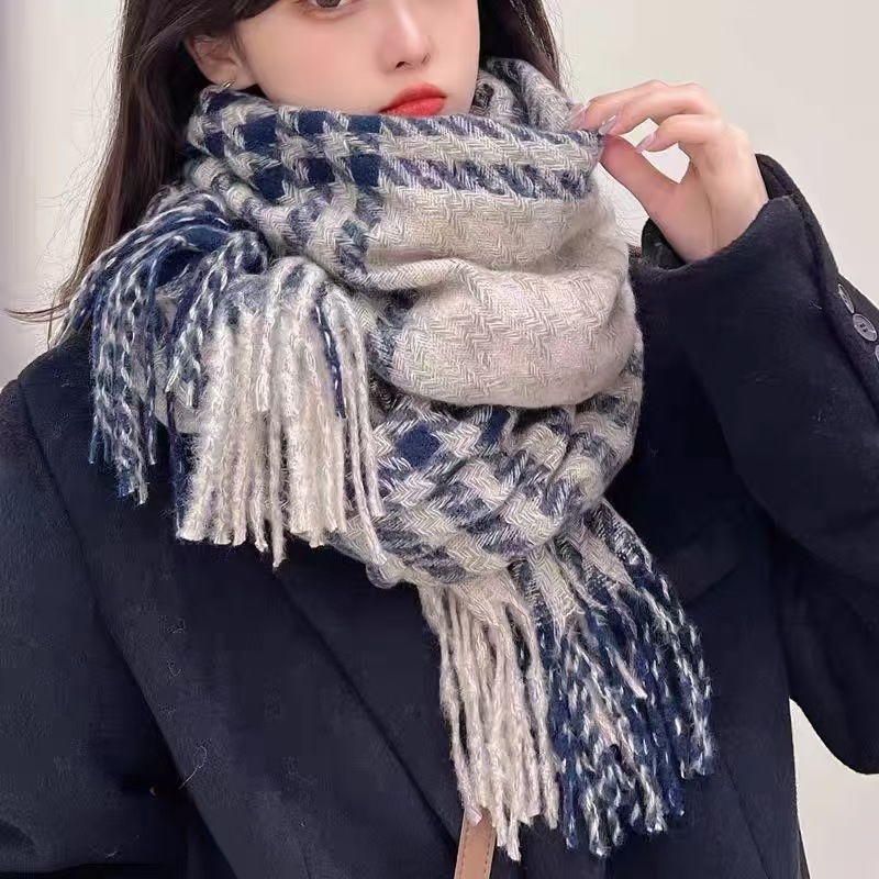 T922 plaid scarf for women autumn and winter Japanese retro high-end thick warm neck scarf tassel versatile student trend
