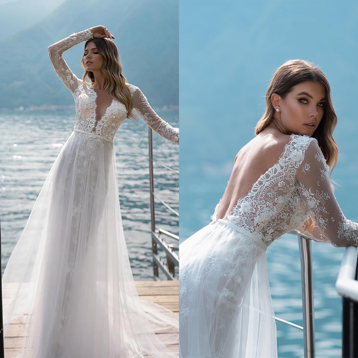 Sequined Lace Beach Wedding Dresses A Line V Neck Bride Gowns Long Sleeves Custom Made Formal Vintage Backless Bridal Dresses Party Celebrity Dresses