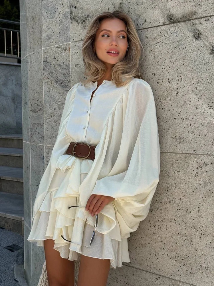 Casual Solid O Neck Ruffle Edge Womens Mini Dress Chic Lantern Sleeve Pleated Loose Dresses 2025 Summer Lady Holiday 250530
