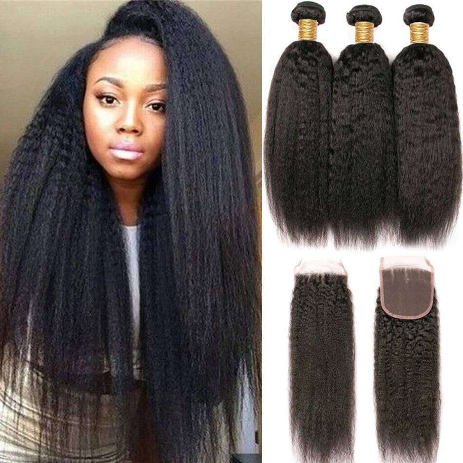Kinky 13X4 Raw Indian Yaki Straight Human Hair 4*4 Lace Closure Bundles With Frontal