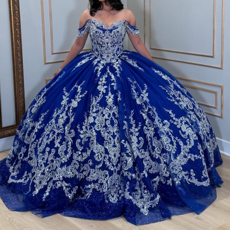 Royal Blue Quinceanera Dresses Ball Gown Off The Shoulder Applique Lace Beads Tull Sweet 16 Dress Vestidos 15 De Anos