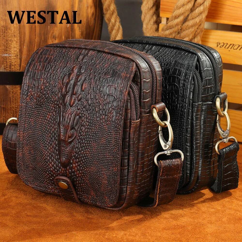 WESTAL Crossbody Men's Genuine Leather Shoulder Crocodile Pattern Messenger Bag Male Alligator Side Bags