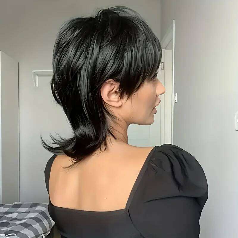 Short Mullet Wig Straight Pixie Cut Wigs 100% Human 12 Inch Brazilian Remy Hair Natural Color 180% Density For Black Women