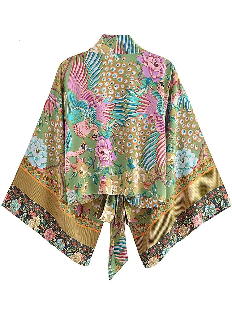 Boho Queens Peacock Short Robe Kimono Swimsuits Women Fashion Floral Batwing Sleeves Rayon Bohemian Bikini Cover Ups Beachwear 250606
