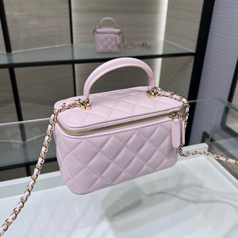 Luxury Lambskin Vanity Case with Handle - Designer Cosmetic Bag & Top Mirror Quality Chain Purse with Box 24C20