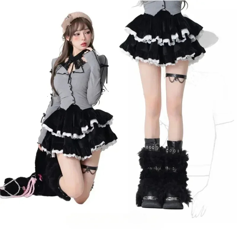 Deeptown Brown Kawaii Corduroy Skirt Women Korean Style Sweet Cake Mini Skirt Lace Spliced Black High Waist Ruffle Short Skirts 250609