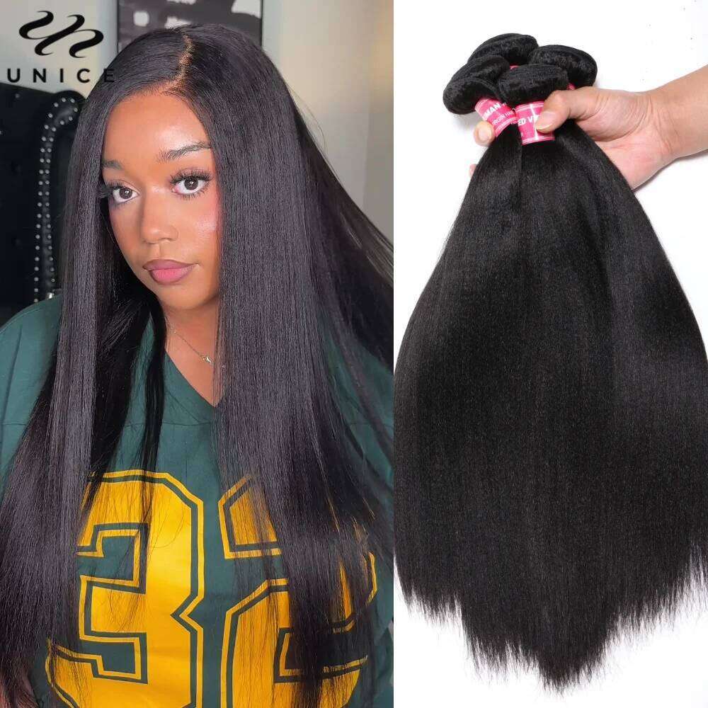 UNice Yaki Straight With Natural Color 100% Human Hair Bundles 3PCS And Middle Part 4x1 Lace Closure