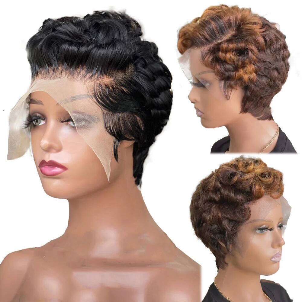 13x4 Transparent Lace Frontal Pixie Cut Short 100% Brazilian Human Hair Natural Black Color Wig for Women 180% Density