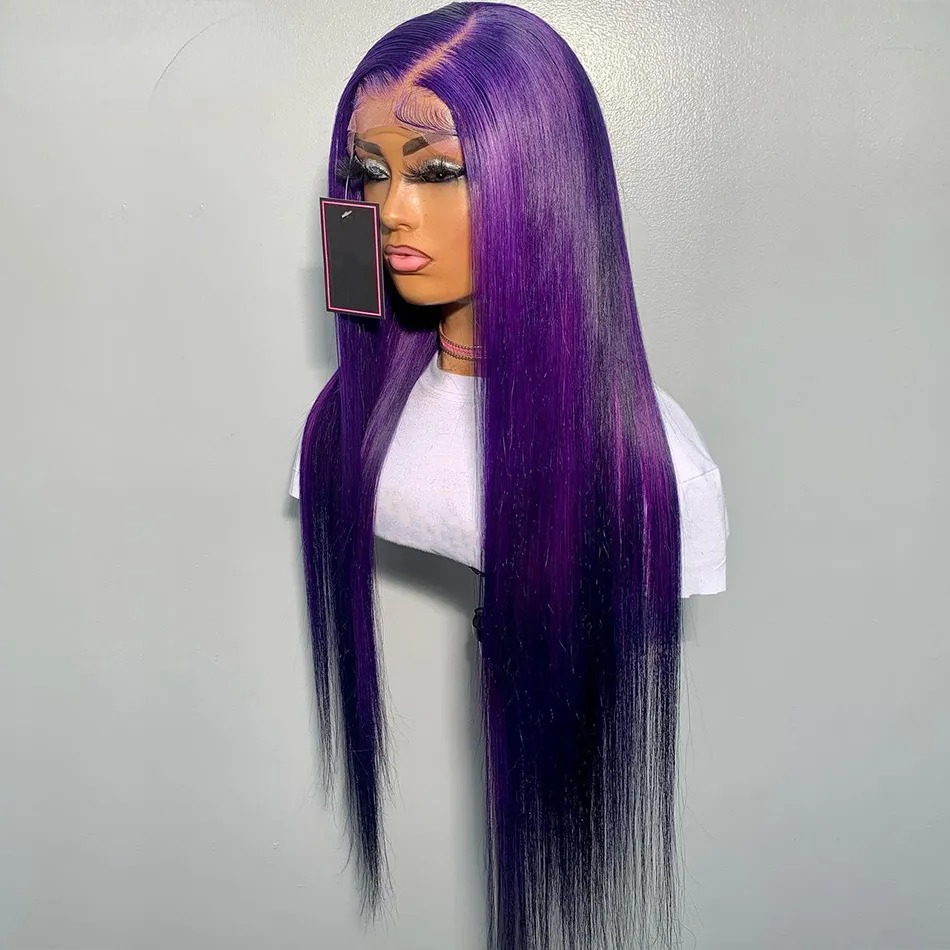 Purple Colored Straight Lace Front Wig Pre Plucked 13x4 HD Transparent Purple Lace Frontal Wigs For Women Human Hair Synthetic