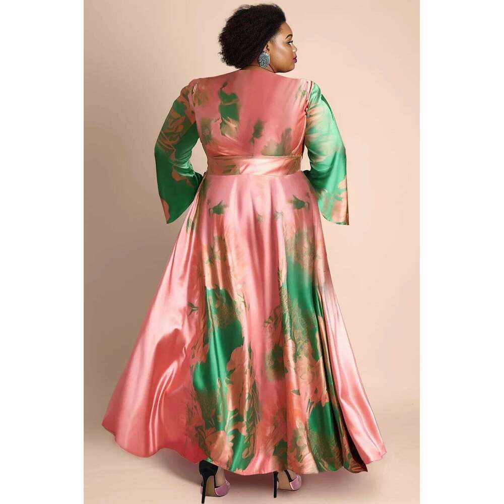 Plus Size Evening Women Flare Sleeve Elegant V-neck Satin Dress New Temperament Fashion Casual Colorblock A-line Dresses