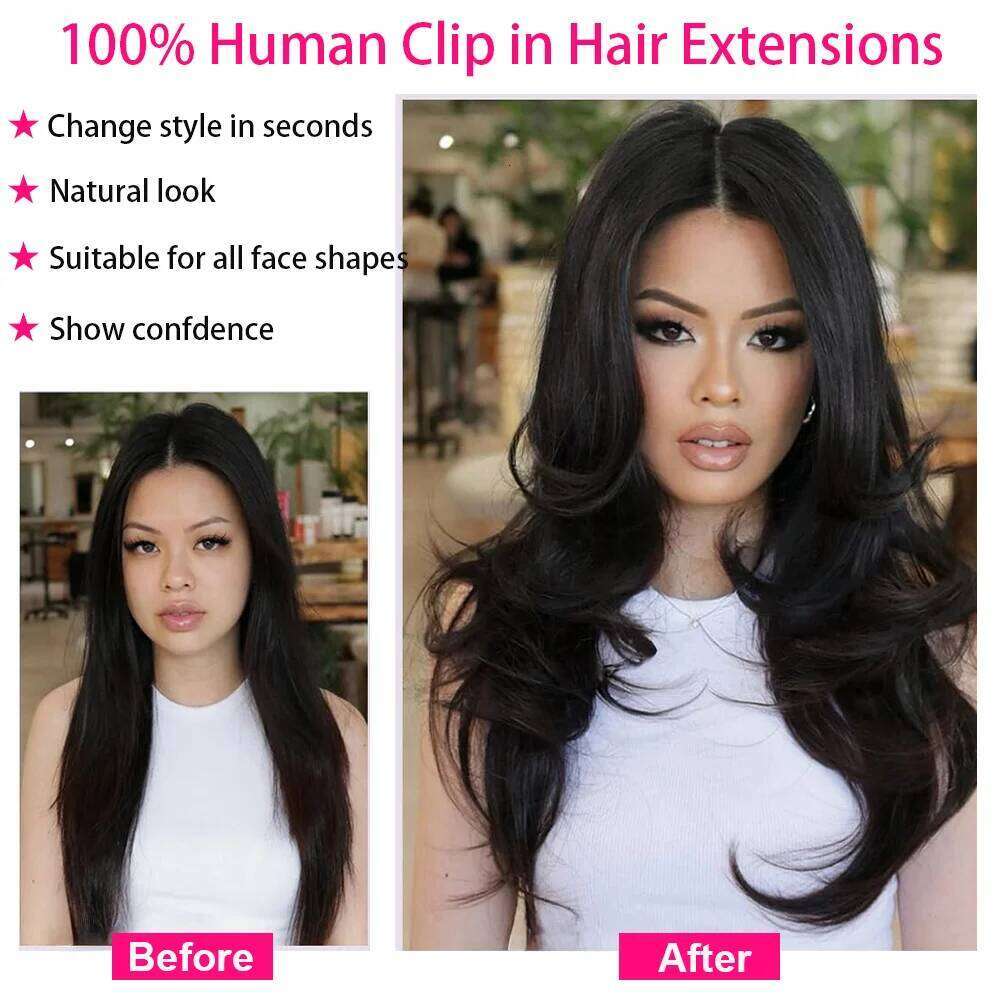 Black Brazilian Straight Clip in Extensions Remy Natural Color Human Hair 24 26inch Full Head Set for Women