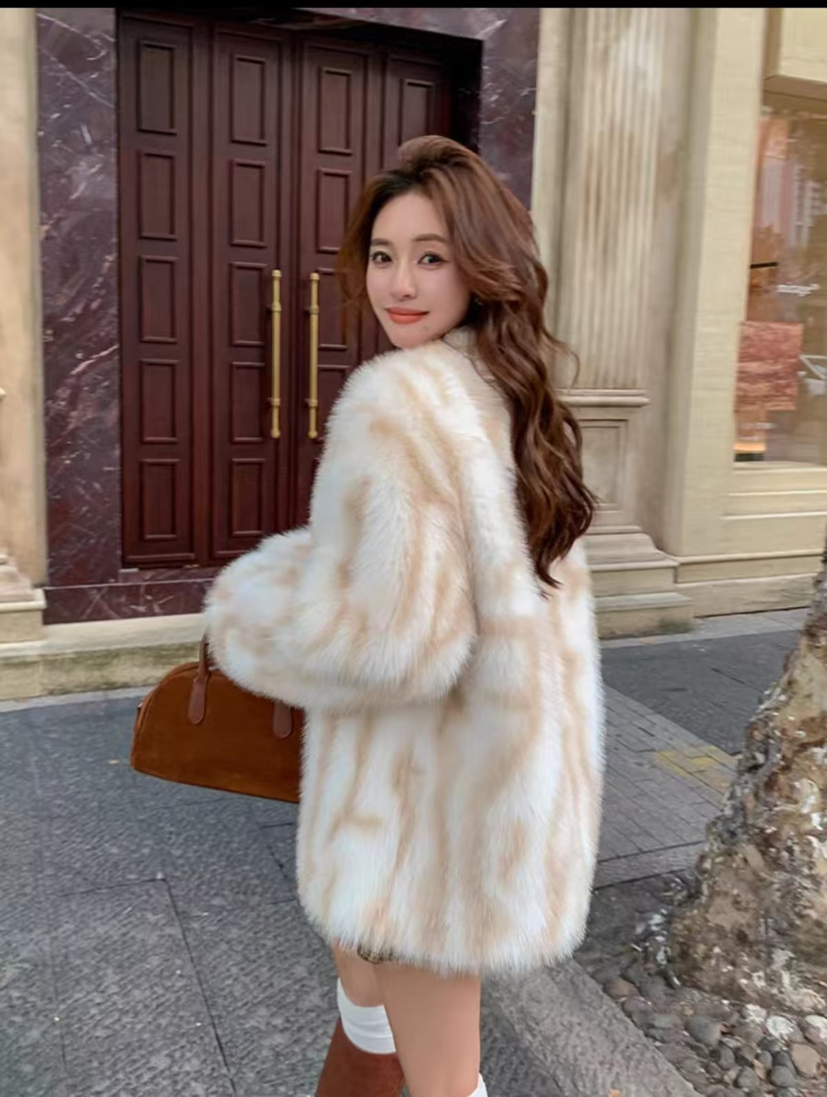 Fashionable Ivory Beige Faux Fur Wool Coat with Creative Orange Pattern for Women - Warm & Luxurious