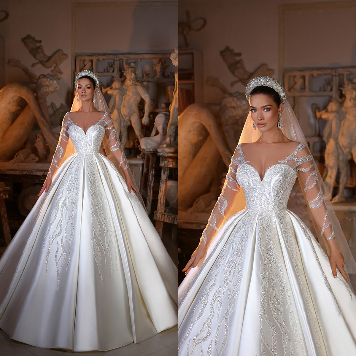 Vintage Sequined Lace Wedding Dresses A Line Sheer Neck Bride Gowns Long Sleeves Custom Made Formal Cathedral Church Castle Princess Bridal Dresses