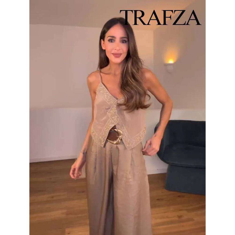 Female Summer Sexy Sling Light Brown V-Neck Sleeveless Embroidery Lace-Up Decoration Women's Fashion Short Tops