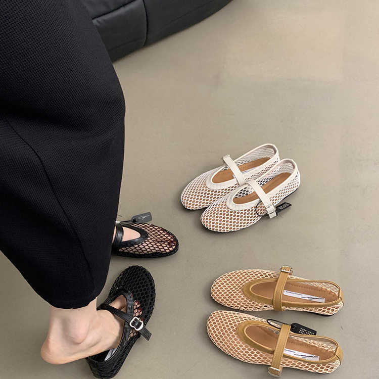 Korean Mesh Hollow Single Shoes For Women Summer New Fairy Elegant Shallow Mouth Flat Sandals Fishnet Shoes