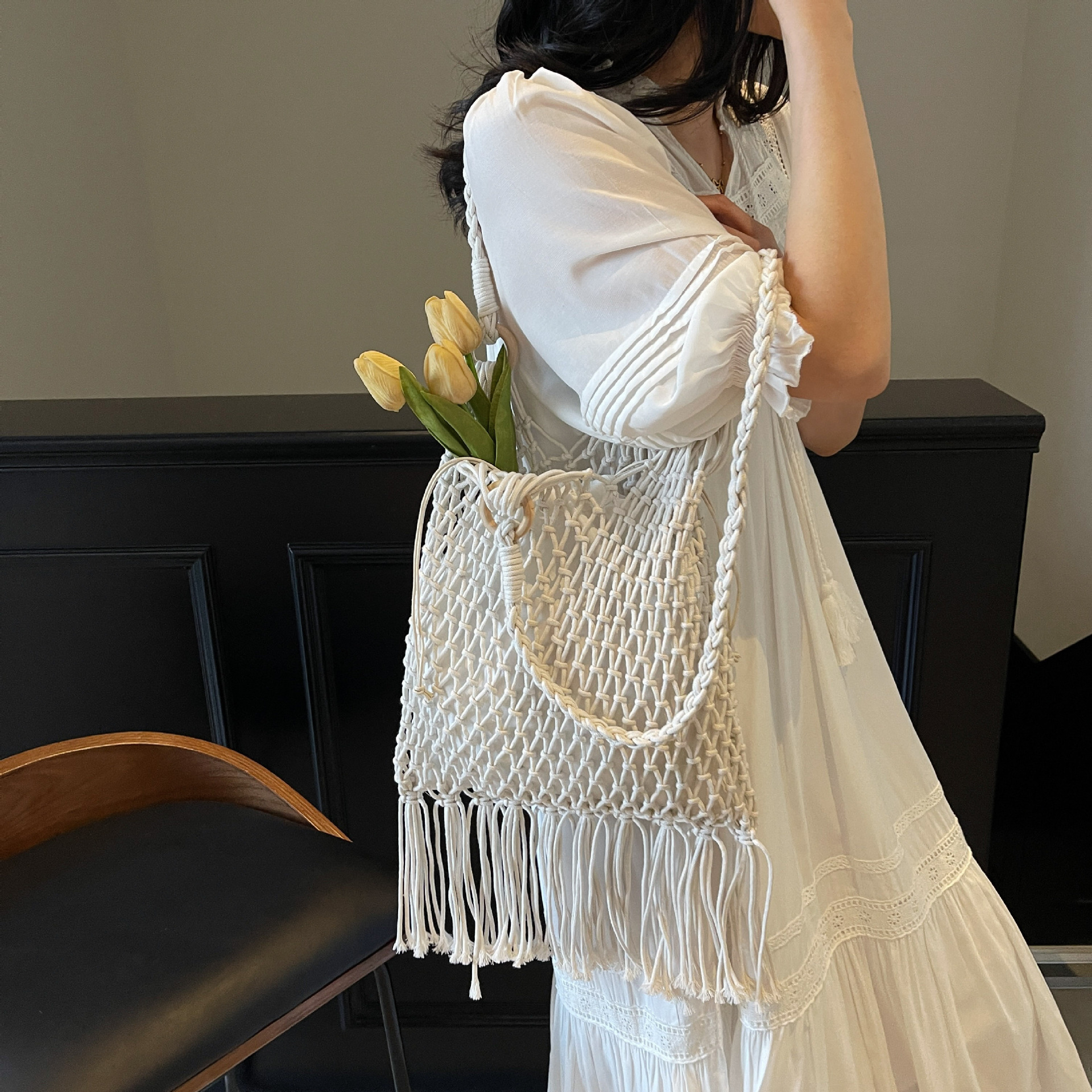 designer 2025 New Mesh Shoulder Underarm Bag Simple Woven Cotton Rope Bag Hollow Fishnet Bag Beach Vacation Tot